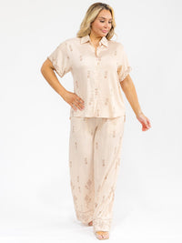 PLUS SIZE SHORT SLEEVE BLOUSE & ELASTIC WAIST PANTS EMBROIDERY 2PC. SET