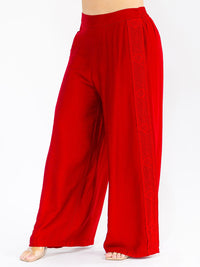 PLUS SIZE ELASTIC WAIST FRONT POCKETS WIDE LEG PALAZZO SIDE TRIM DETAILED PANTS