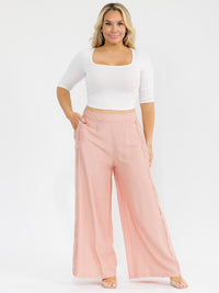 PLUS SIZE ELASTIC WAIST FRONT POCKETS WIDE LEG PALAZZO SIDE TRIM DETAILED PANTS