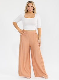 PLUS SIZE ELASTIC WAIST FRONT POCKETS WIDE LEG PALAZZO SIDE TRIM DETAILED PANTS