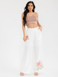 WOMEN'S ELASTIC WAIST FRONT POCKETS WIDE LEG PALAZZO EMBROIDERY FLORAL PANTS