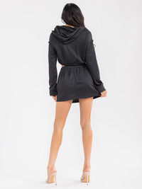 WOMEN'S LONG SLEEVE HOODED TOP & ELASTIC WAIST MINI SKORT SOLID 2PC. SET