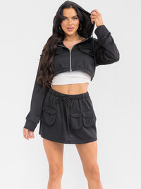 WOMEN'S LONG SLEEVE HOODED TOP & ELASTIC WAIST MINI SKORT SOLID 2PC. SET