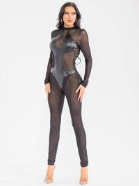 WOMEN'S LONG SLEEVE MESH ALL OVER PU PLEATHER DETAILED SKINNY LEG JUMPSUIT