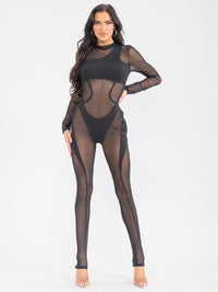 WOMEN'S LONG SLEEVE MESH ALL OVER DETAILED SKINNY LEG JUMPSUIT