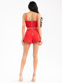 WOMEN'S SLEEVELESS CROP TOP & ZIP UP MINI SKORT BOWS DETAILED 2PC. SET