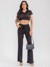 WOMEN'S SHORT SLEEVE CROP TOP & ELASTIC WAIST WIDE LEG PANTS MESH 2PC. SET