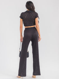 WOMEN'S SHORT SLEEVE CROP TOP & ELASTIC WAIST WIDE LEG PANTS MESH 2PC. SET