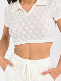 WOMEN'S SHORT SLEEVE CROP TOP & ELASTIC WAIST WIDE LEG PANTS MESH 2PC. SET