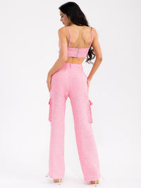 WOMEN'S SLEEVELESS CROP TOP & BUTTON CLOSURE PANTS TWEED 2PC. SET