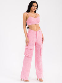 WOMEN'S SLEEVELESS CROP TOP & BUTTON CLOSURE PANTS TWEED 2PC. SET