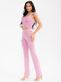 WOMEN'S SLEEVELESS CROP TOP & ELASTIC WAIST PANTS RIBBED SHIMMER 2PC. SET