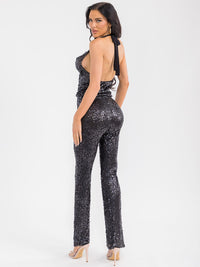 WOMEN'S SLEEVELESS HALTER NECK TOP & ELASTIC WAIST PANTS SEQUINS 2PC. SET