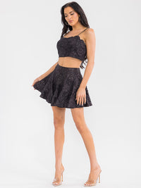 WOMEN'S SLEEVELESS CROP TOP & ZIP UP MINI SKIRT FLORAL DETAILED 2PC. SET