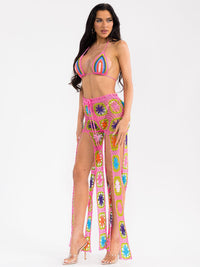 WOMEN'S BRALETTE & WAIST TIE SHORTS MULTI COLOR CROCHET 2PC. SET
