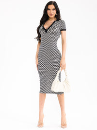 WOMEN'S SHORT SLEEVE V-NECK PRINT BODYCON MIDI DRESS