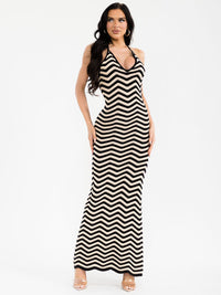 WOMEN'S SLEEVELESS HALTER NECK OPEN BACK COLORBLOCK KNIT BODYCON MAXI DRESS