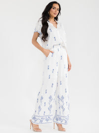 WOMEN'S SHORT SLEEVE BLOUSE & ELASTIC WAIST PANTS EMBROIDERY 2PC. SET