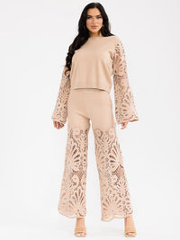 WOMEN'S LONG BELL SLEEVE PULLOVER SWEATER & ELASTIC WAIST PANTS CROCHET 2PC. SET