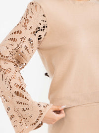 WOMEN'S LONG BELL SLEEVE PULLOVER SWEATER & ELASTIC WAIST PANTS CROCHET 2PC. SET