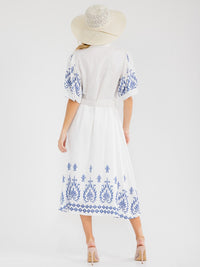 WOMEN'S SHORT SLEEVE BUTTON UP BELTED MULTI PRINT MAXI DRESS