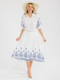 WOMEN'S SHORT SLEEVE BUTTON UP BELTED MULTI PRINT MAXI DRESS