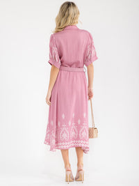 WOMEN'S SHORT SLEEVE BUTTON UP BELTED MULTI PRINT MAXI DRESS