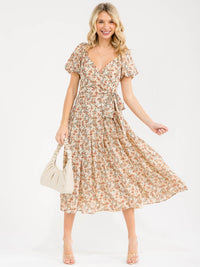 WOMEN'S SHORT PUFF SLEEVE SURPLICE SMOCK SELF TIE FLORAL PRINT MAXI DRESS