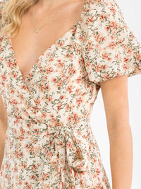 WOMEN'S SHORT PUFF SLEEVE SURPLICE SMOCK SELF TIE FLORAL PRINT MAXI DRESS