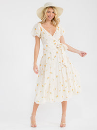 WOMEN'S SHORT SLEEVE SURPLICE SMOCK SELF TIE FLORAL EMBROIDERY MAXI DRESS