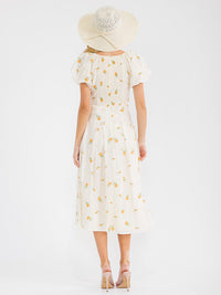WOMEN'S SHORT SLEEVE SURPLICE SMOCK SELF TIE FLORAL EMBROIDERY MAXI DRESS
