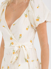 WOMEN'S SHORT SLEEVE SURPLICE SMOCK SELF TIE FLORAL EMBROIDERY MAXI DRESS