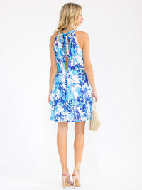WOMEN'S SLEEVELESS HALTER NECK ELASTIC WAIST FLORAL MINI DRESS