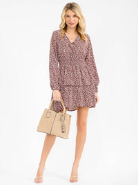 WOMEN'S LONG SLEEVE V-NECK FLORAL SMOCK WAIST MINI DRESS