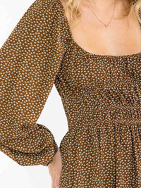 WOMEN'S LONG SLEEVE SQUARE NECK ELASTIC WAIST FLORAL MAXI DRESS