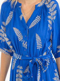 WOMEN'S SHORT SLEEVE BUTTON UP SELF TIE EMBROIDERY MAXI DRESS