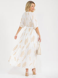 WOMEN'S SHORT SLEEVE BUTTON UP SELF TIE EMBROIDERY MAXI DRESS