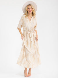 WOMEN'S SHORT SLEEVE BUTTON UP SELF TIE EMBROIDERY MAXI DRESS