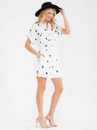 WOMEN'S SHORT SLEEVE BUTTON UP FRONT POCKETS EMBROIDERY ROMPER