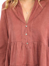 WOMEN'S LONG SLEEVE V-NECK BUTTON UP TIERED TUNIC CORDUROY MINI DRESS
