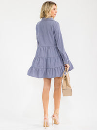 WOMEN'S LONG SLEEVE V-NECK BUTTON UP TIERED TUNIC CORDUROY MINI DRESS
