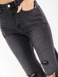 WOMEN'S BUTTON CLOSURE WASHED DISTRESS SKINNY LEG DENIM PANTS