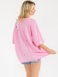 WOMEN'S SHORT SLEEVE DISTRESS GRAPHIC WASHED TOP