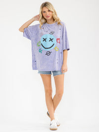 WOMEN'S SHORT SLEEVE DISTRESS GRAPHIC WASHED TOP