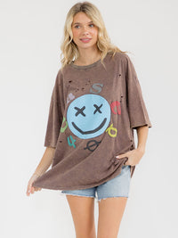 WOMEN'S SHORT SLEEVE DISTRESS GRAPHIC WASHED TOP