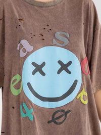 WOMEN'S SHORT SLEEVE DISTRESS GRAPHIC WASHED TOP
