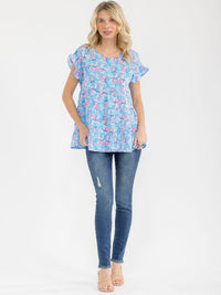 WOMEN'S SHORT RUFFLE SLEEVE TIERED FLORAL PRINT BLOUSE