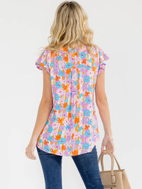 WOMEN'S SHORT RUFFLE SLEEVE V-NECK FLORAL PRINT BLOUSE