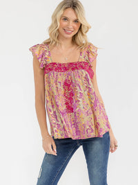 WOMEN'S RUFFLE SLEEVE SQUARE NECK FLORAL PRINT EMBROIDERY TANK TOP