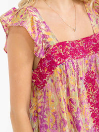 WOMEN'S RUFFLE SLEEVE SQUARE NECK FLORAL PRINT EMBROIDERY TANK TOP